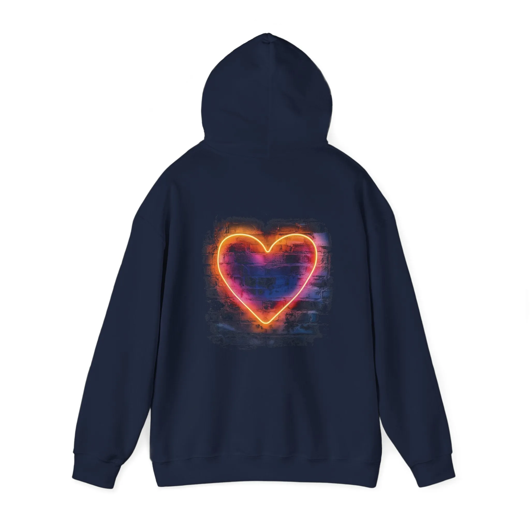 Love Graphic Neon Light Hoodie, Valentine's Day Gift, Unisex Hooded Sweatshirt, Heart Symbol Back, Neon Color Word, Cozy Jumper, Hooded