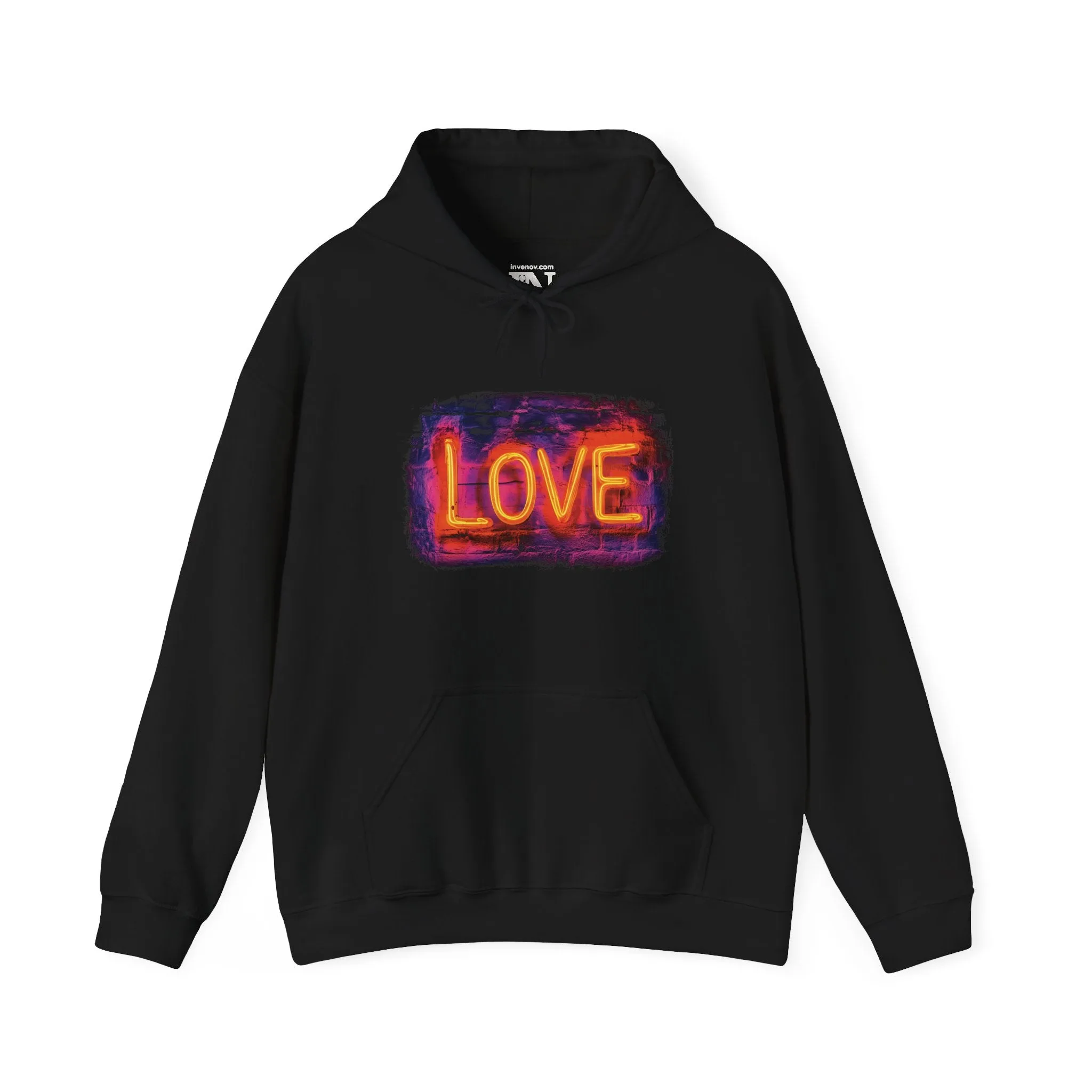 Love Graphic Neon Light Hoodie, Valentine's Day Gift, Unisex Hooded Sweatshirt, Heart Symbol Back, Neon Color Word, Cozy Jumper, Hooded