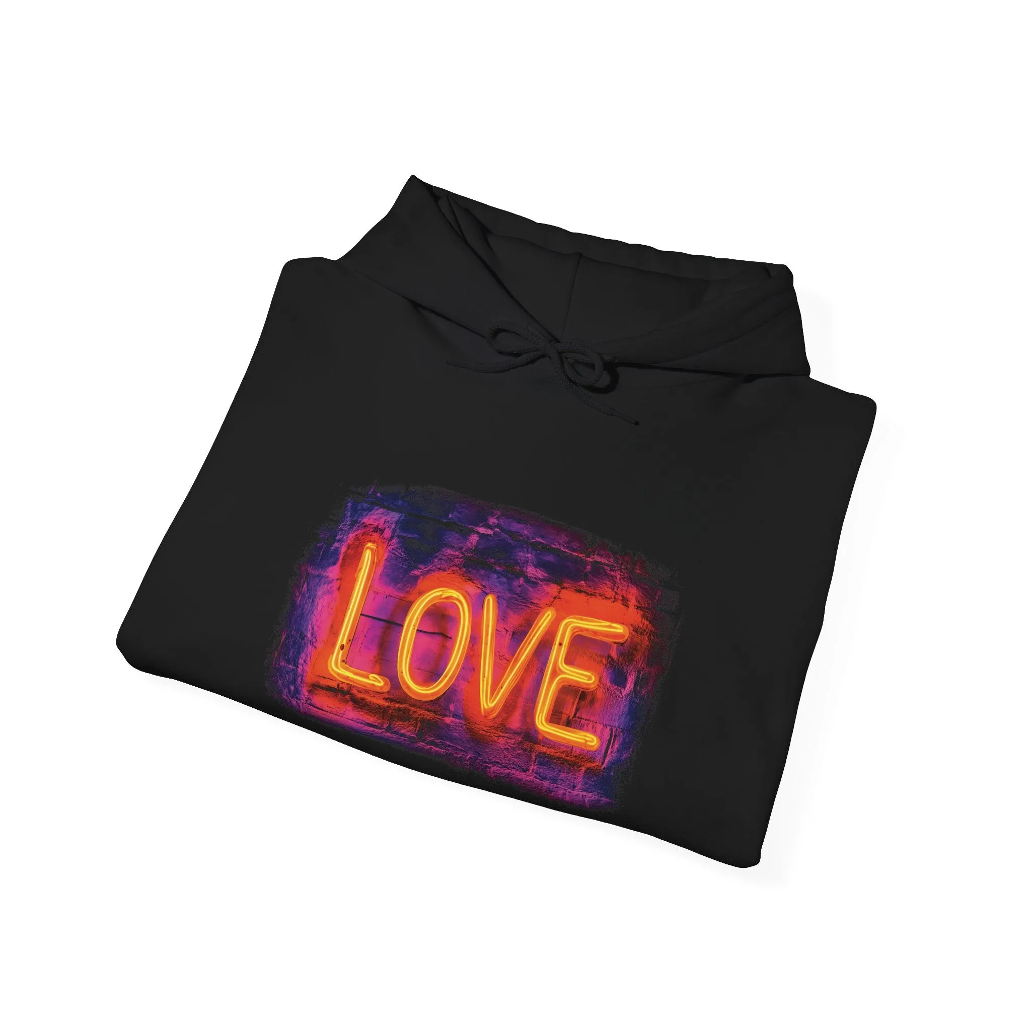 Love Graphic Neon Light Hoodie, Valentine's Day Gift, Unisex Hooded Sweatshirt, Heart Symbol Back, Neon Color Word, Cozy Jumper, Hooded