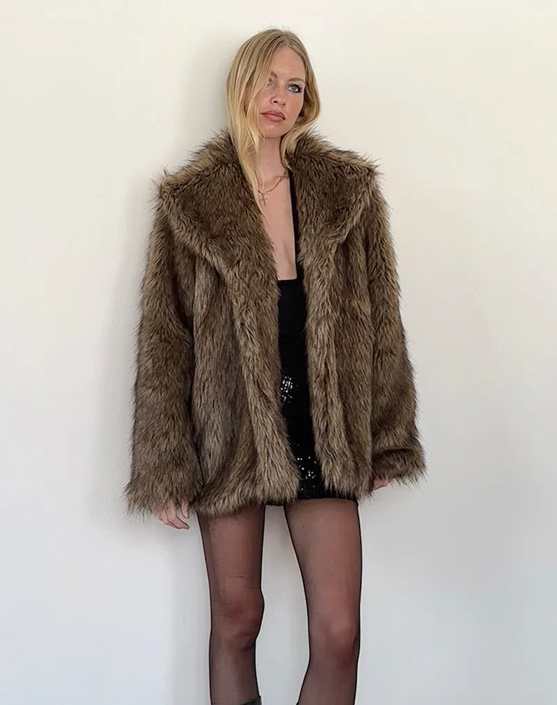 Lupita Jacket in Faux Long Fur Brown