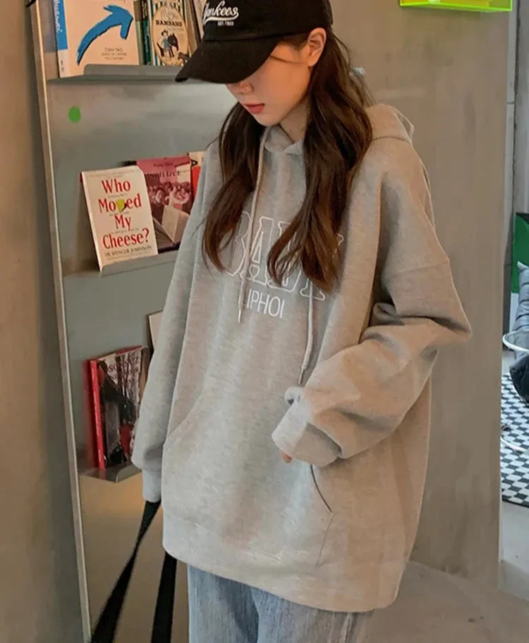 M-XL Embroidered Letter Hoodies Women Hooded Pocket Streetswear Harajuku BF Leisure Female Sweatshirt Autumn Loose Top