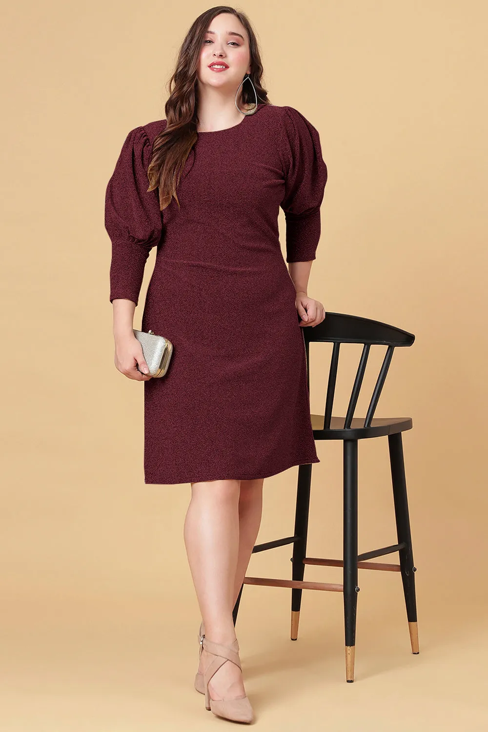 Maroon Shimmered Puff Sleeves Sheath Party Dress