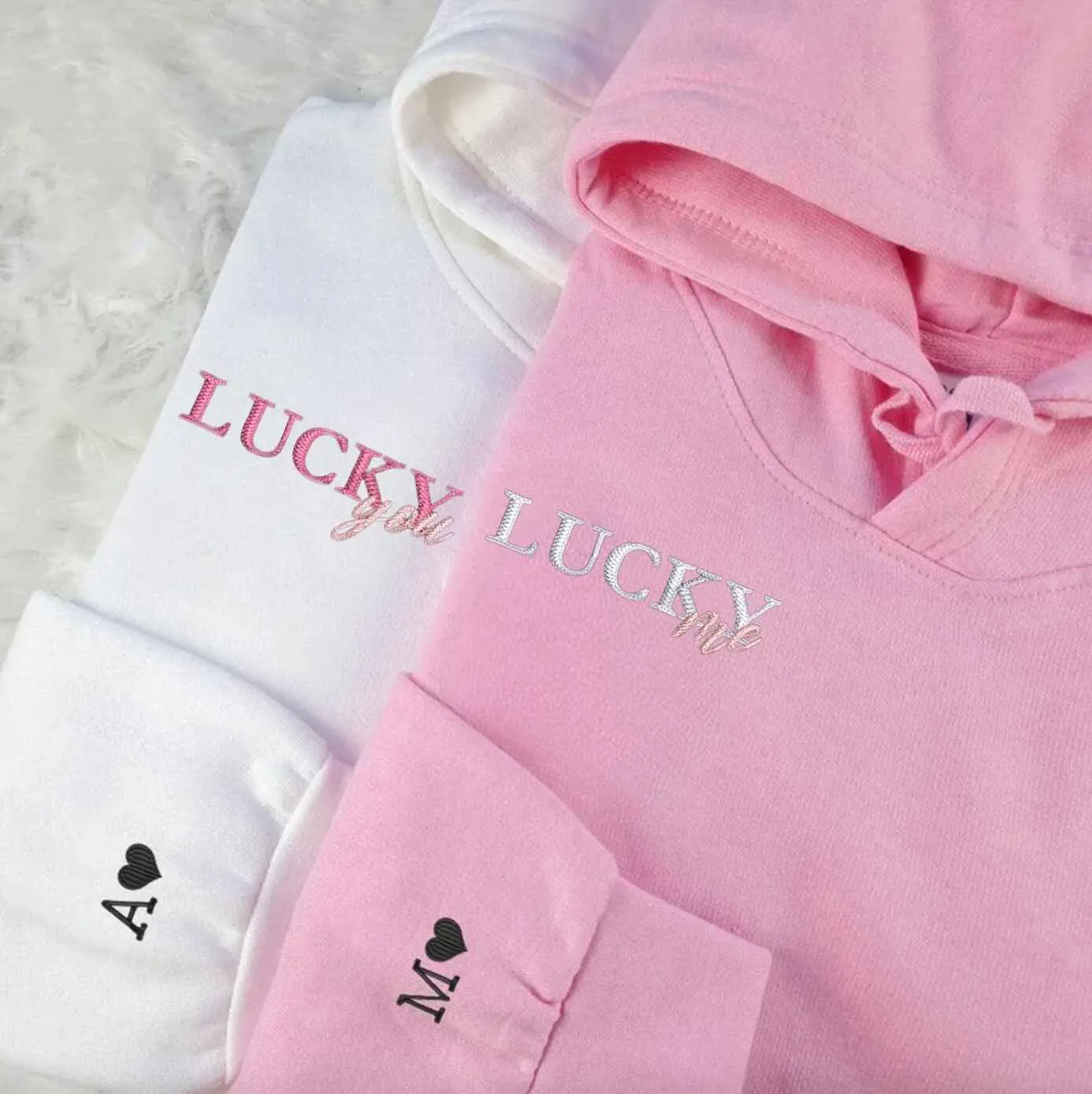 Matching "Lucky Me, Lucky You" Embroidered Couple Hoodies – Romantic Gift for Partners