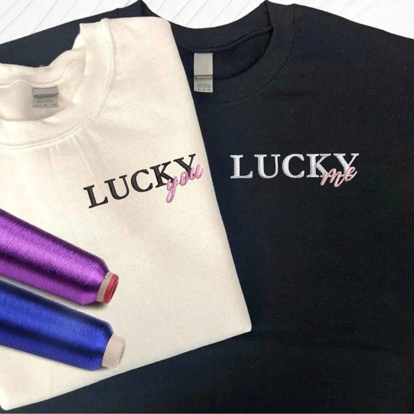 Matching "Lucky Me, Lucky You" Embroidered Couple Hoodies – Romantic Gift for Partners