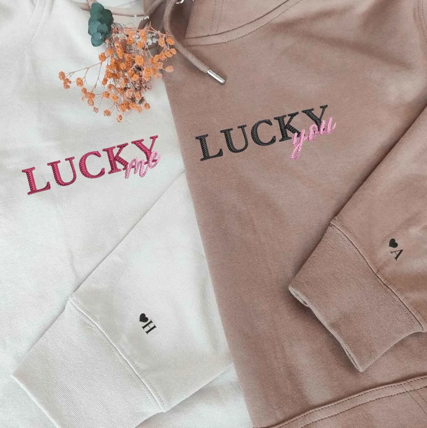 Matching "Lucky Me, Lucky You" Embroidered Couple Hoodies – Romantic Gift for Partners