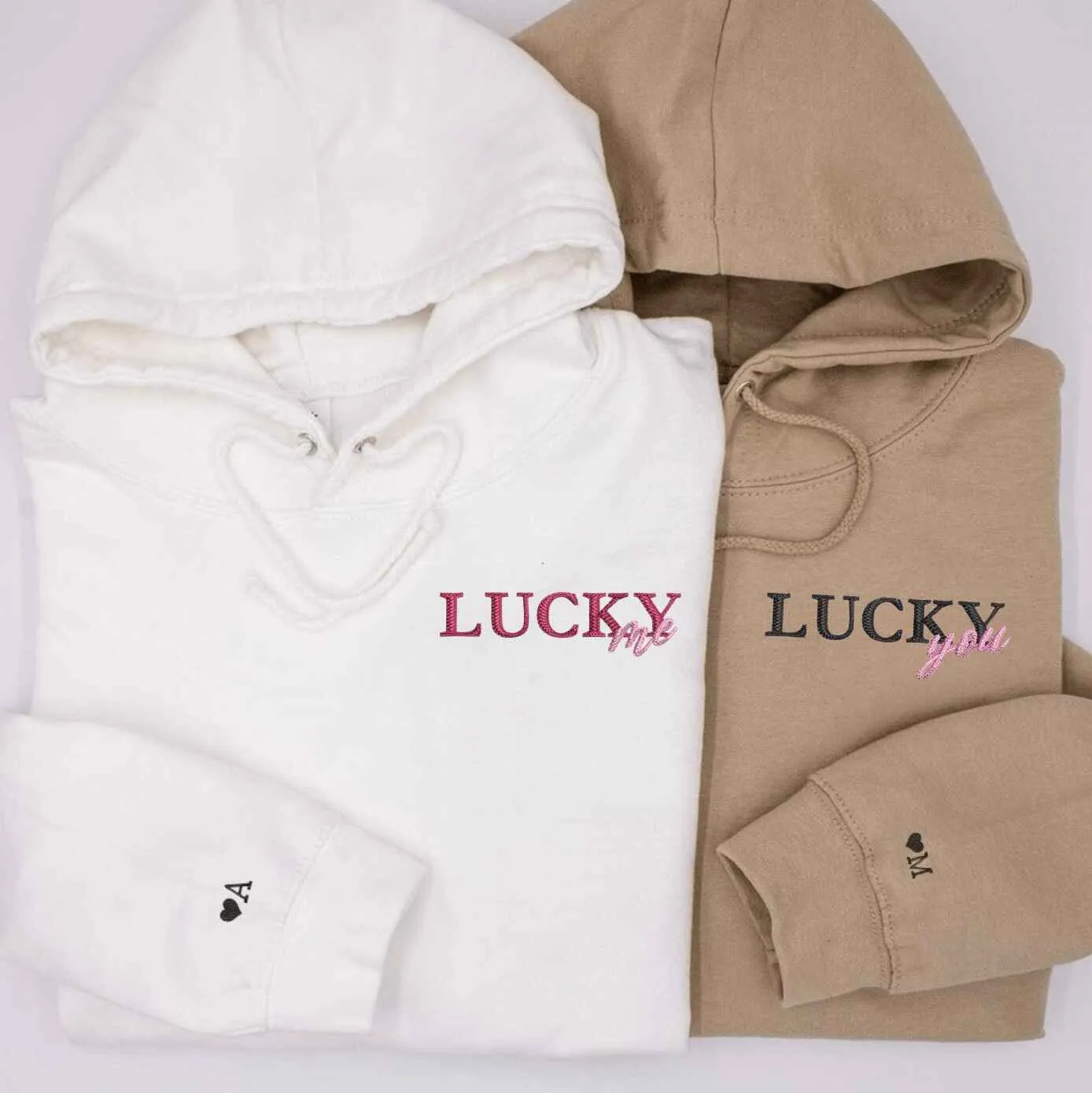 Matching "Lucky Me, Lucky You" Embroidered Couple Hoodies – Romantic Gift for Partners