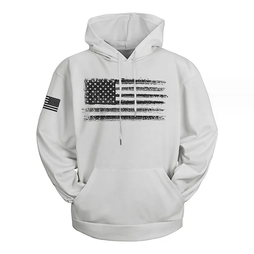 Men's American Flag Print Solid Color Hooded Sweatshirt