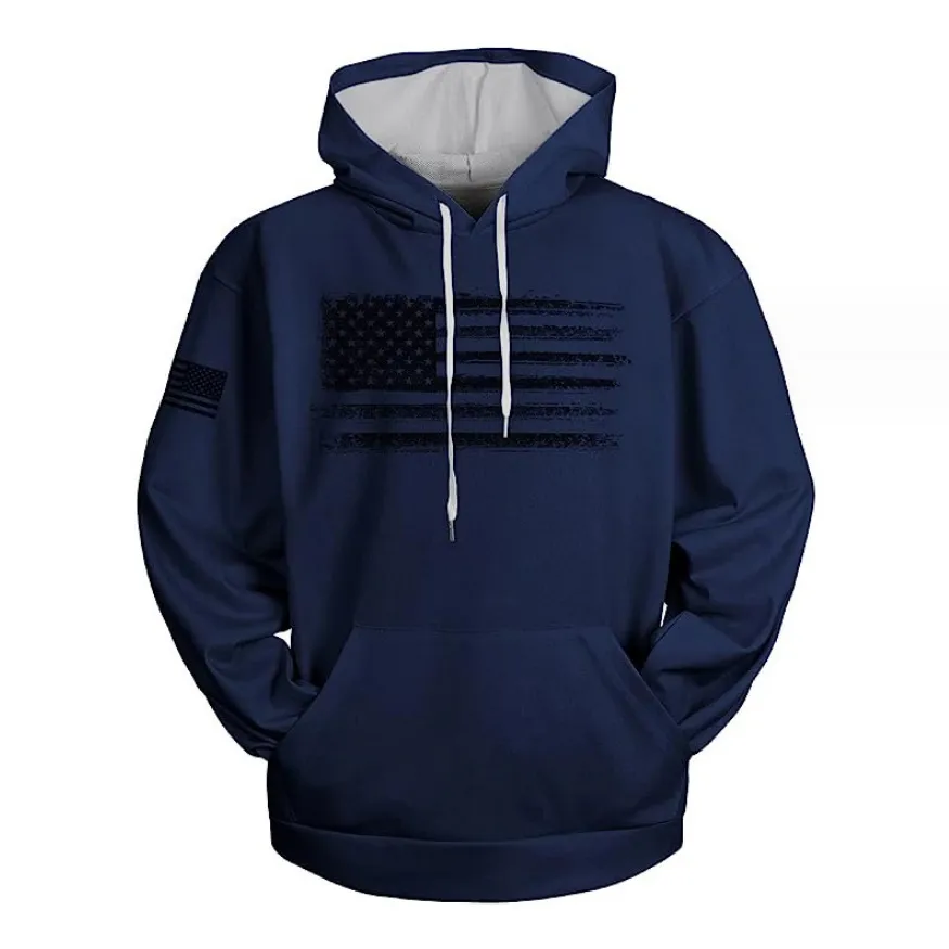 Men's American Flag Print Solid Color Hooded Sweatshirt