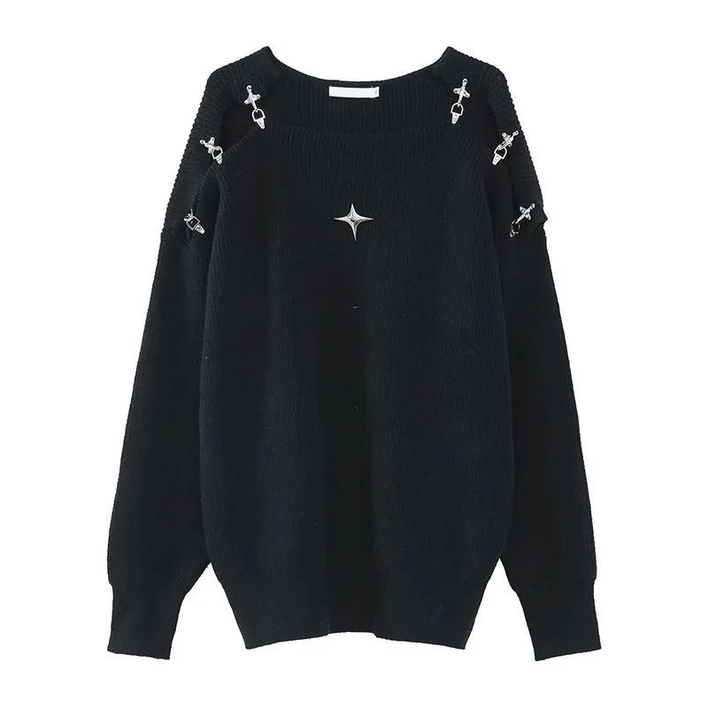 Men's Knitted Sweater New Autumn Winter Korean Fashion Metal Buckle Hollow Out Design Solid Color Male Tops 9A5467