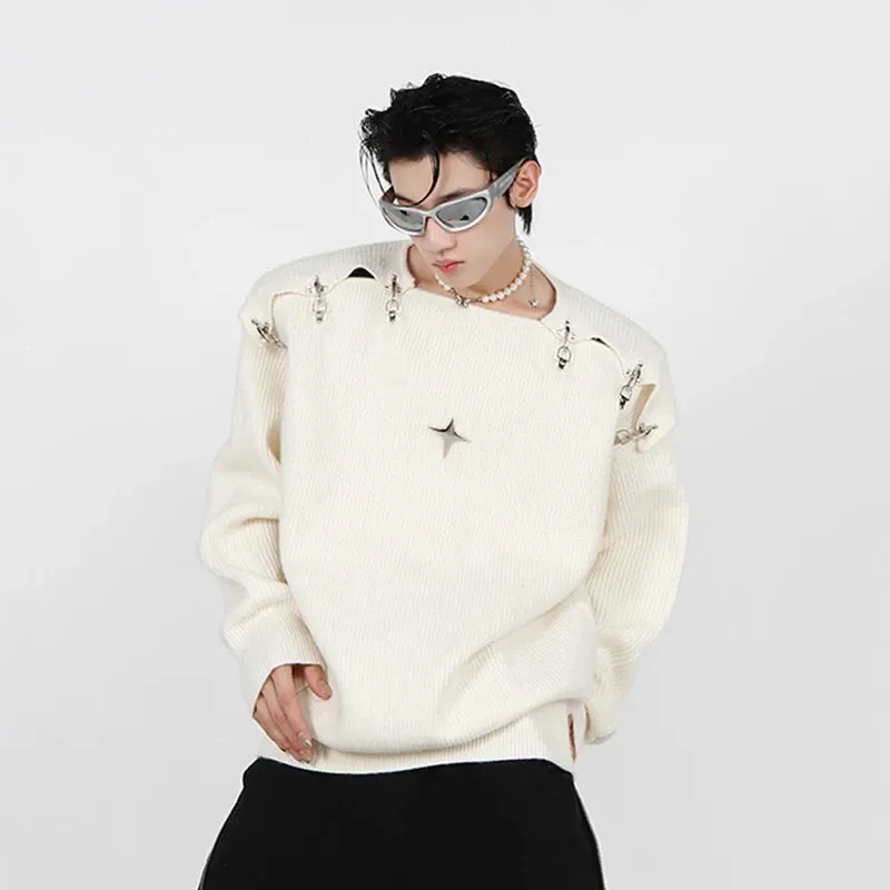 Men's Knitted Sweater New Autumn Winter Korean Fashion Metal Buckle Hollow Out Design Solid Color Male Tops 9A5467