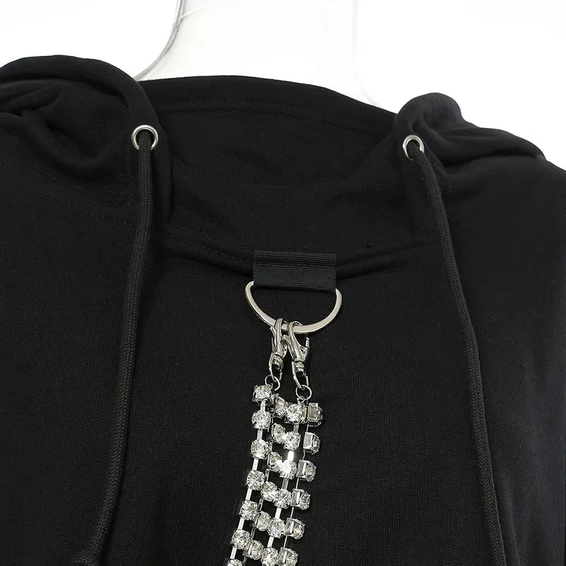 Patchwork Chain Diamond Sweatshirt For Women Hooded Collar Long Sleeve Short Tops Female 2020 Fall Fashion New Tide