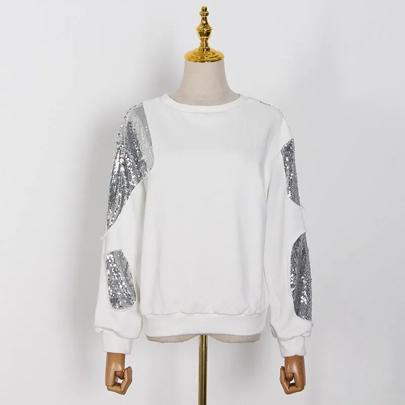 Patchwork Irregular Sequins Casual Sweatshirt For Women O Neck Long Sleeve Loose Sweatshirts Female Autumn