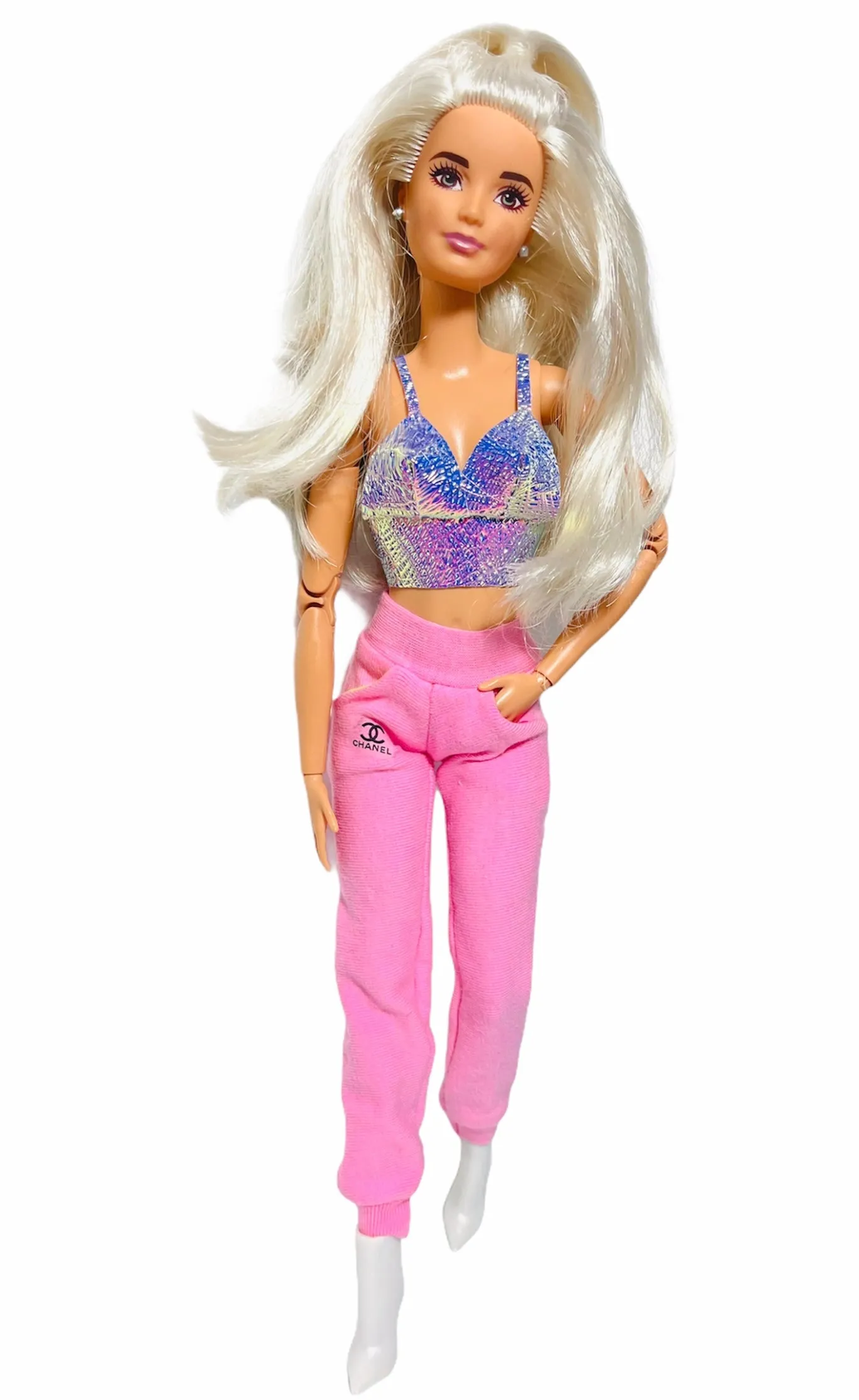 Pink sweatpants for Barbie dolls with pockets