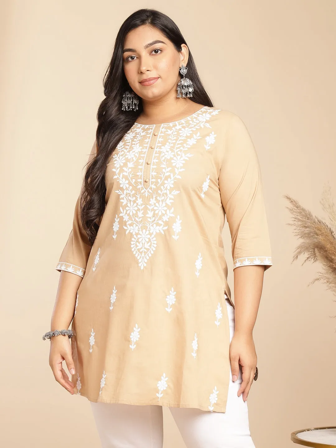 Plus Size Cream Cotton Chikankari Regular Tunic