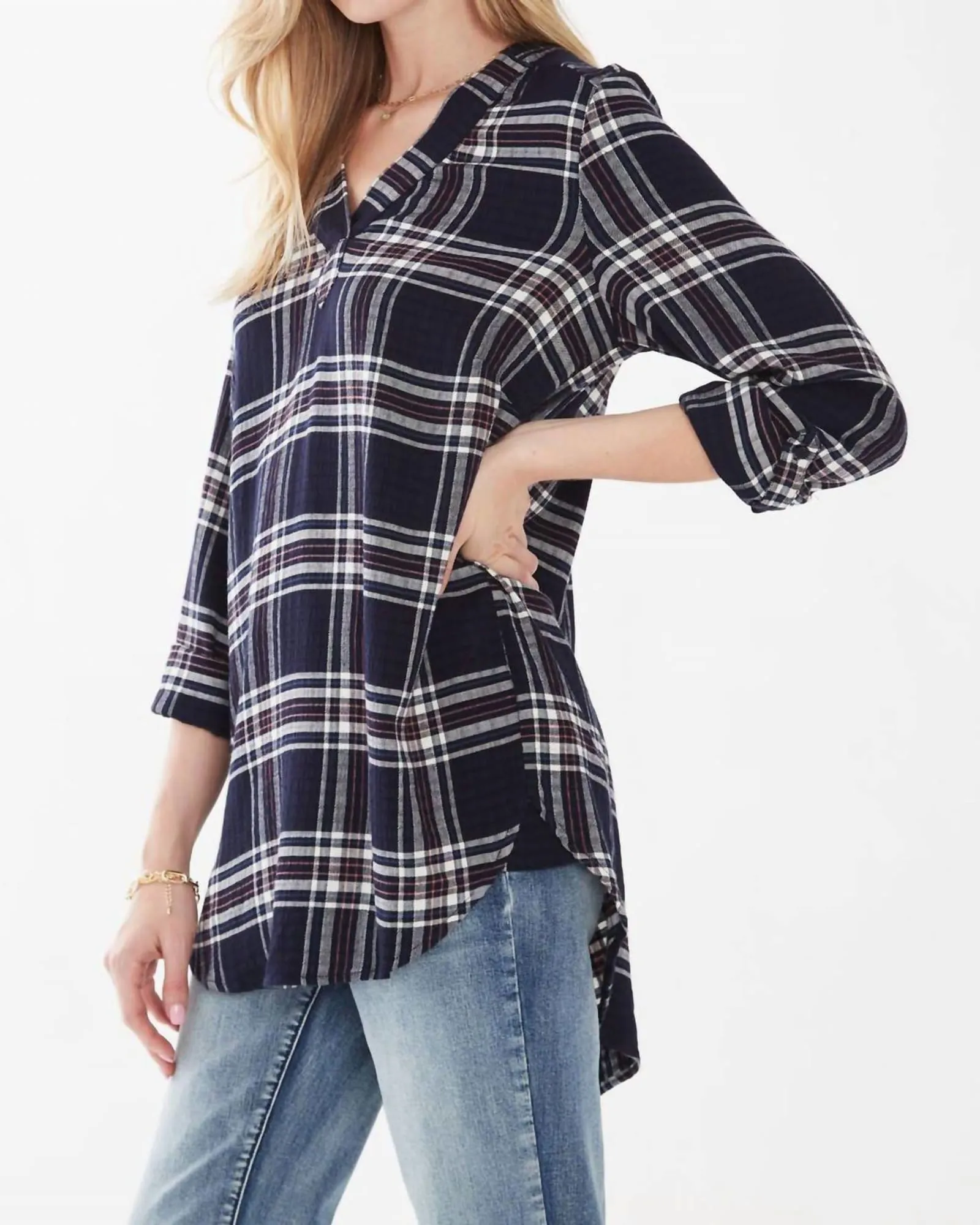 Popover Check Textured Tunic in Navy Plaid | Navy Plaid