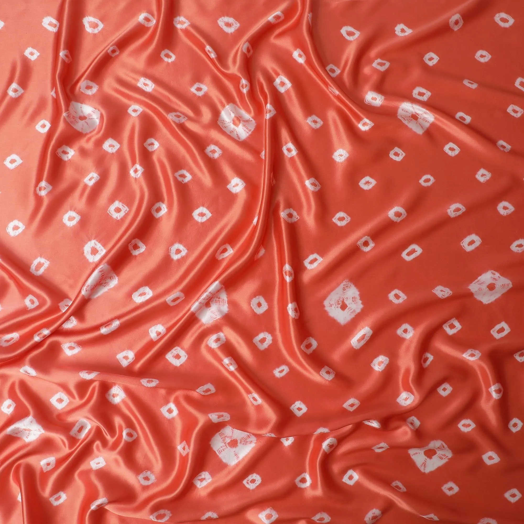 Pumpkin orange premium pure silk satin fabric with off white print in geometric design-D13258