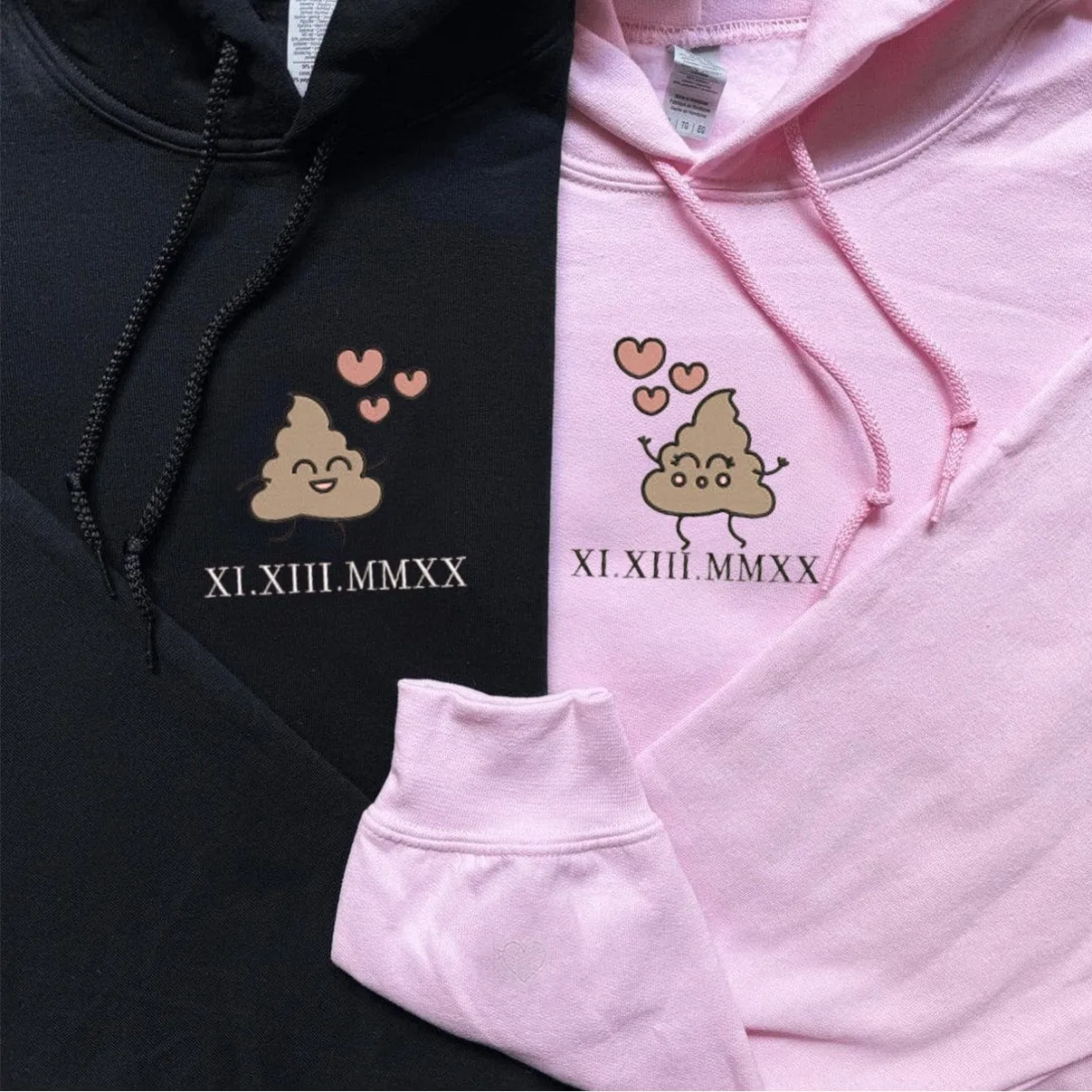 "Cartoon Poop Roman Numeral" Matching Couple Hoodies - Custom Embroidered Sweatshirts For Couples