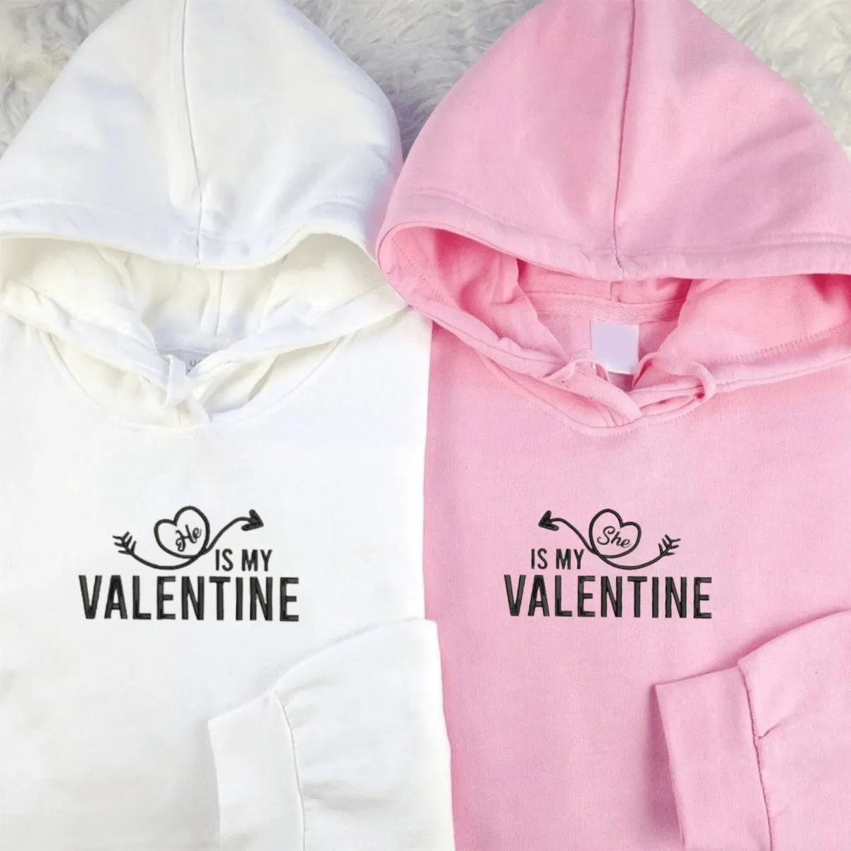 "He/She Is My Valentine" Couple Sweatshirts - Personalized Embroidered Hoodies For Couples