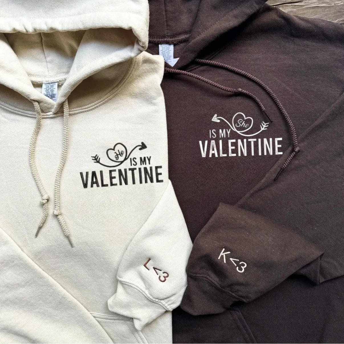 "He/She Is My Valentine" Couple Sweatshirts - Personalized Embroidered Hoodies For Couples