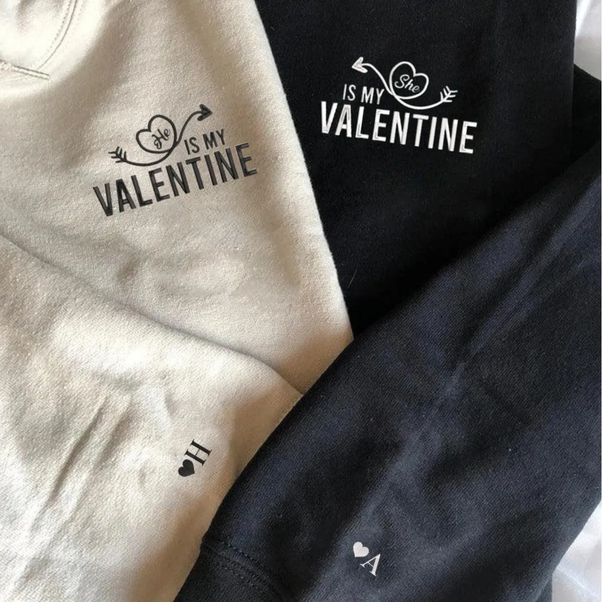 "He/She Is My Valentine" Couple Sweatshirts - Personalized Embroidered Hoodies For Couples