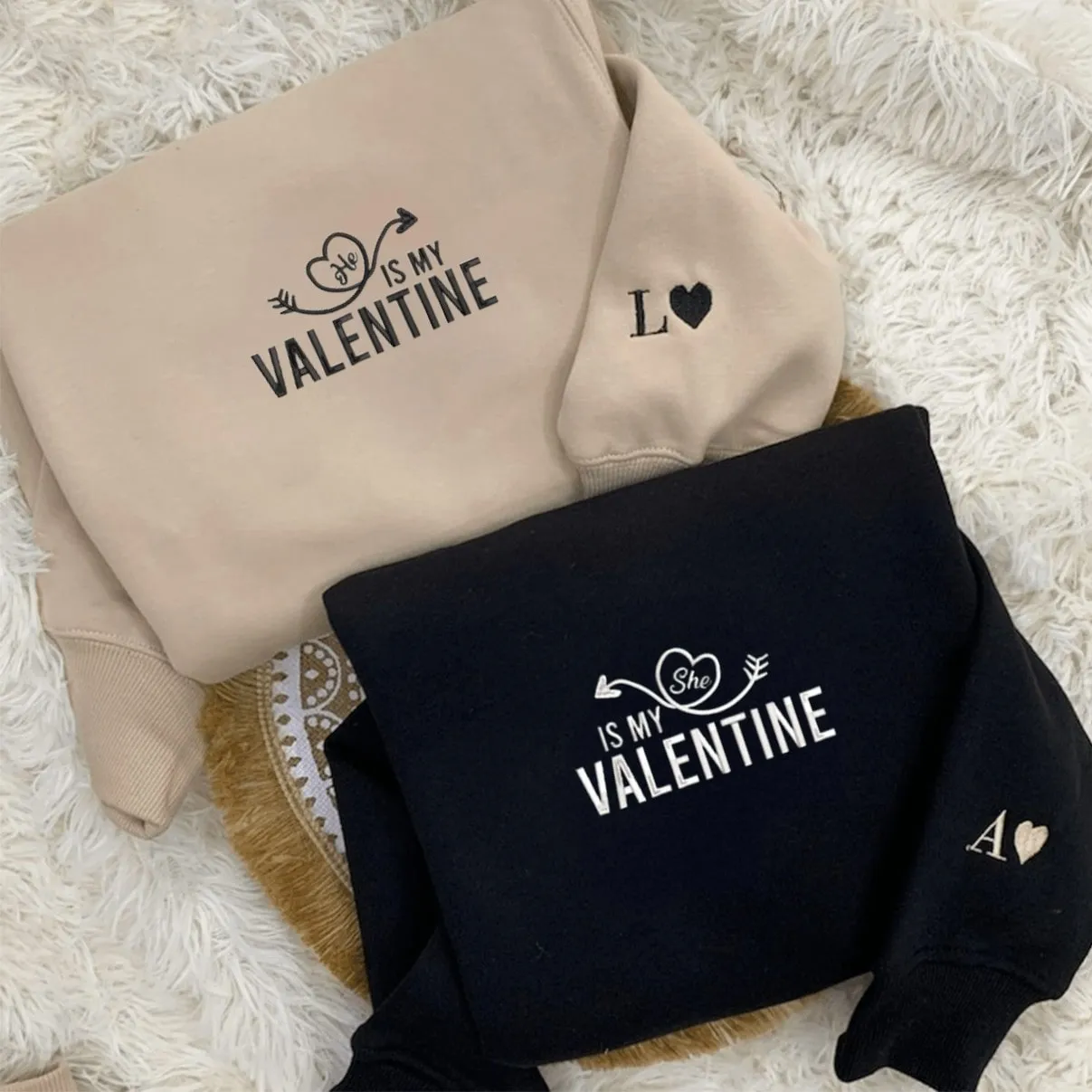 "He/She Is My Valentine" Couple Sweatshirts - Personalized Embroidered Hoodies For Couples