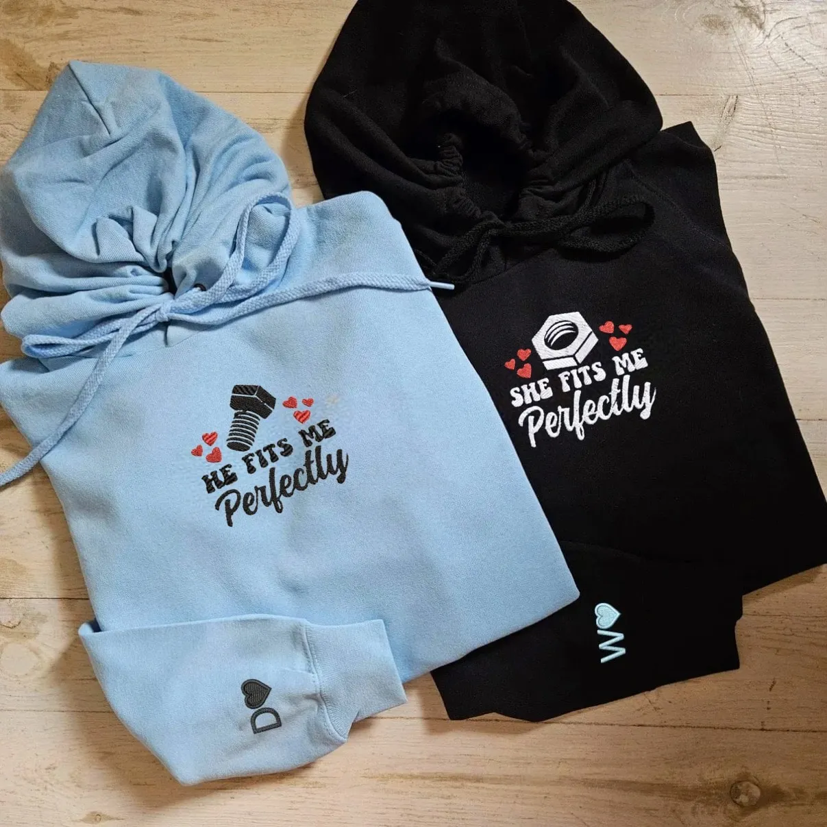 "She Fits Me Perfectly" Couple Hoodies - Custom Embroidered Matching Hoodies For Couples