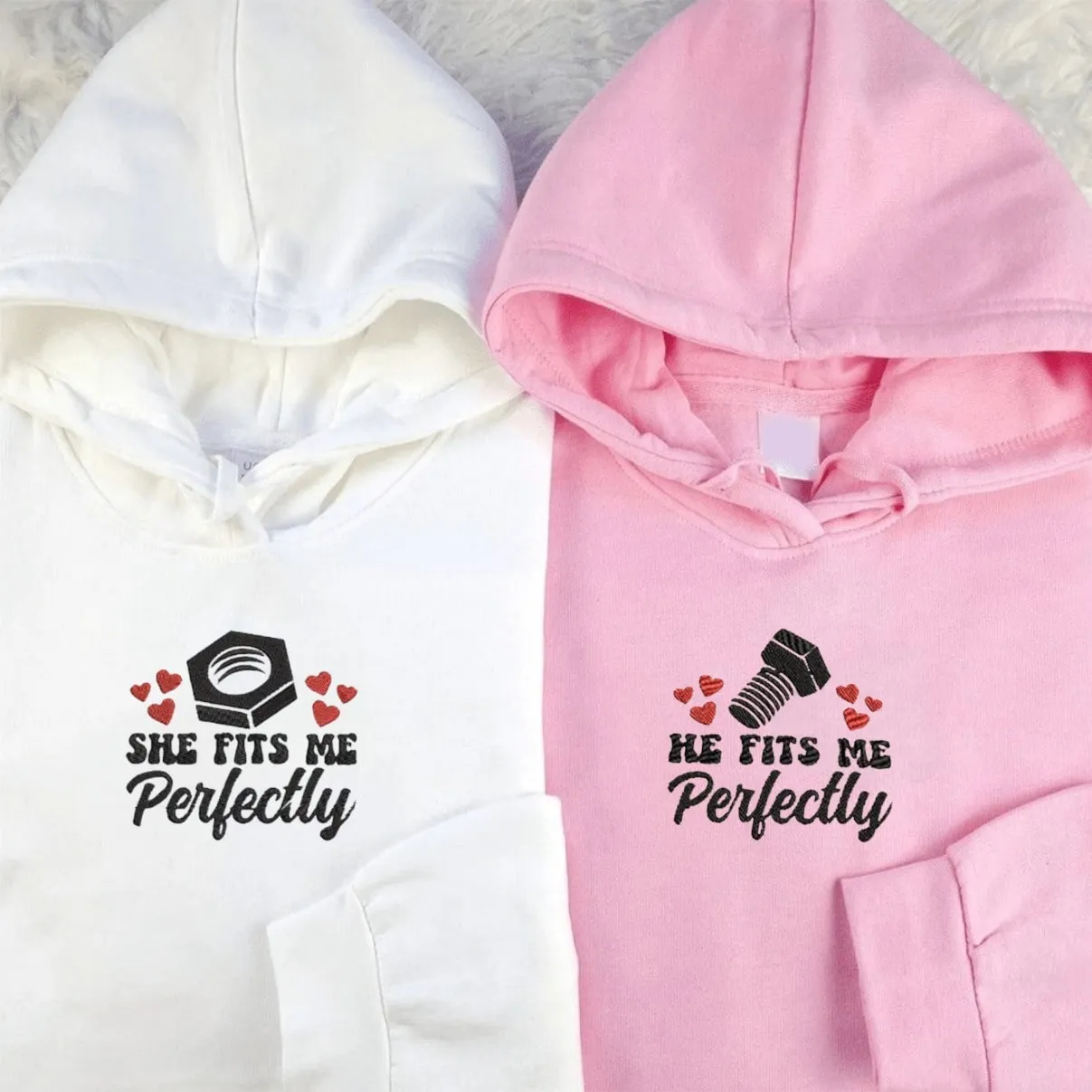 "She Fits Me Perfectly" Couple Hoodies - Custom Embroidered Matching Hoodies For Couples