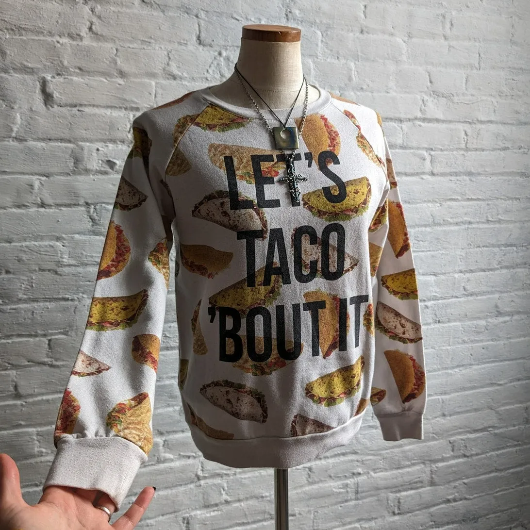 Retro Graphic Novelty Sweater ‘Let’s Taco Bout It’ Indie Slogan Sweatshirt Top