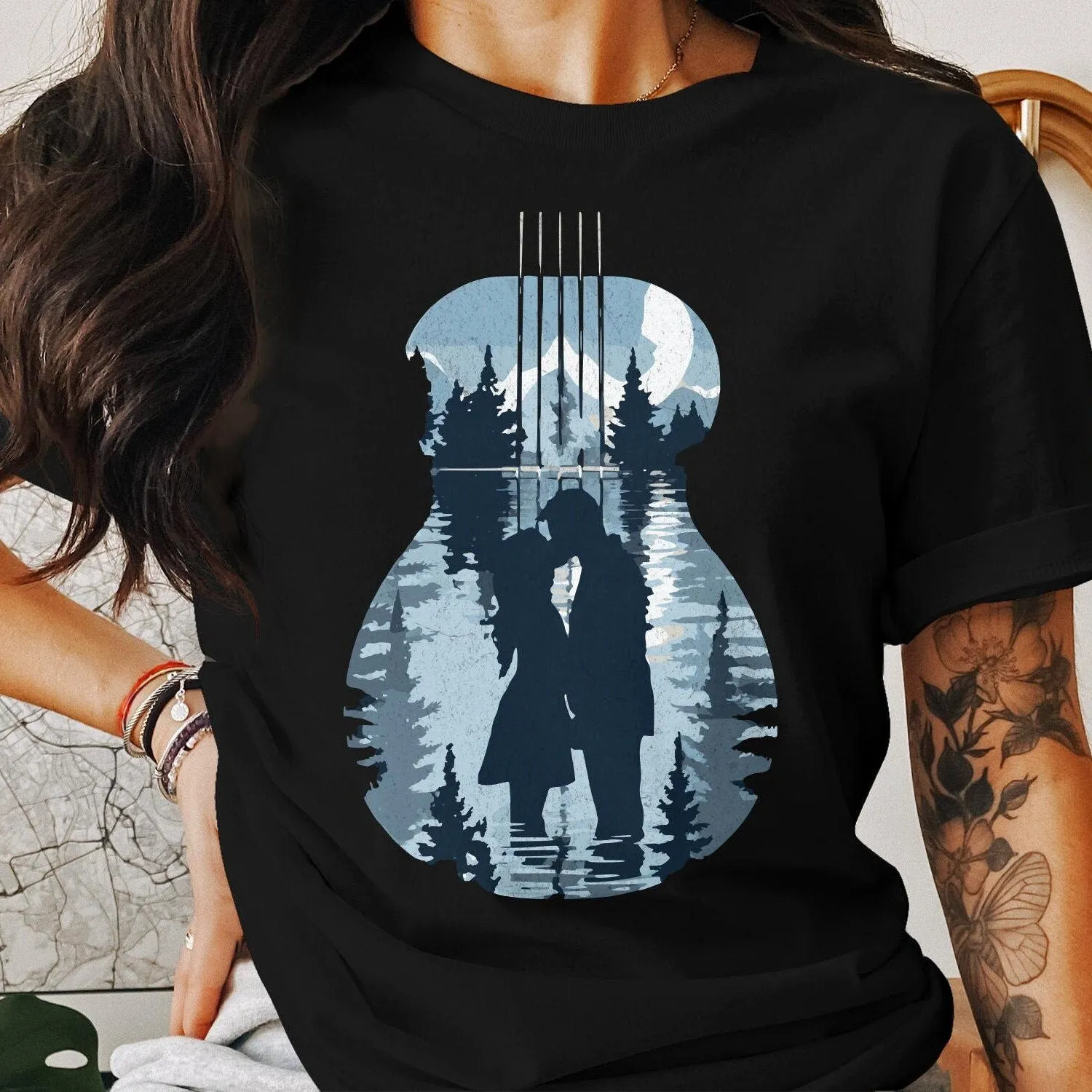 Romantic Guitar Forest Reflection Tee, Couples Music Nature Shirt, Outdoor Lovers Unisex T-Shirt, Artistic Apparel Gift Sweatshirt