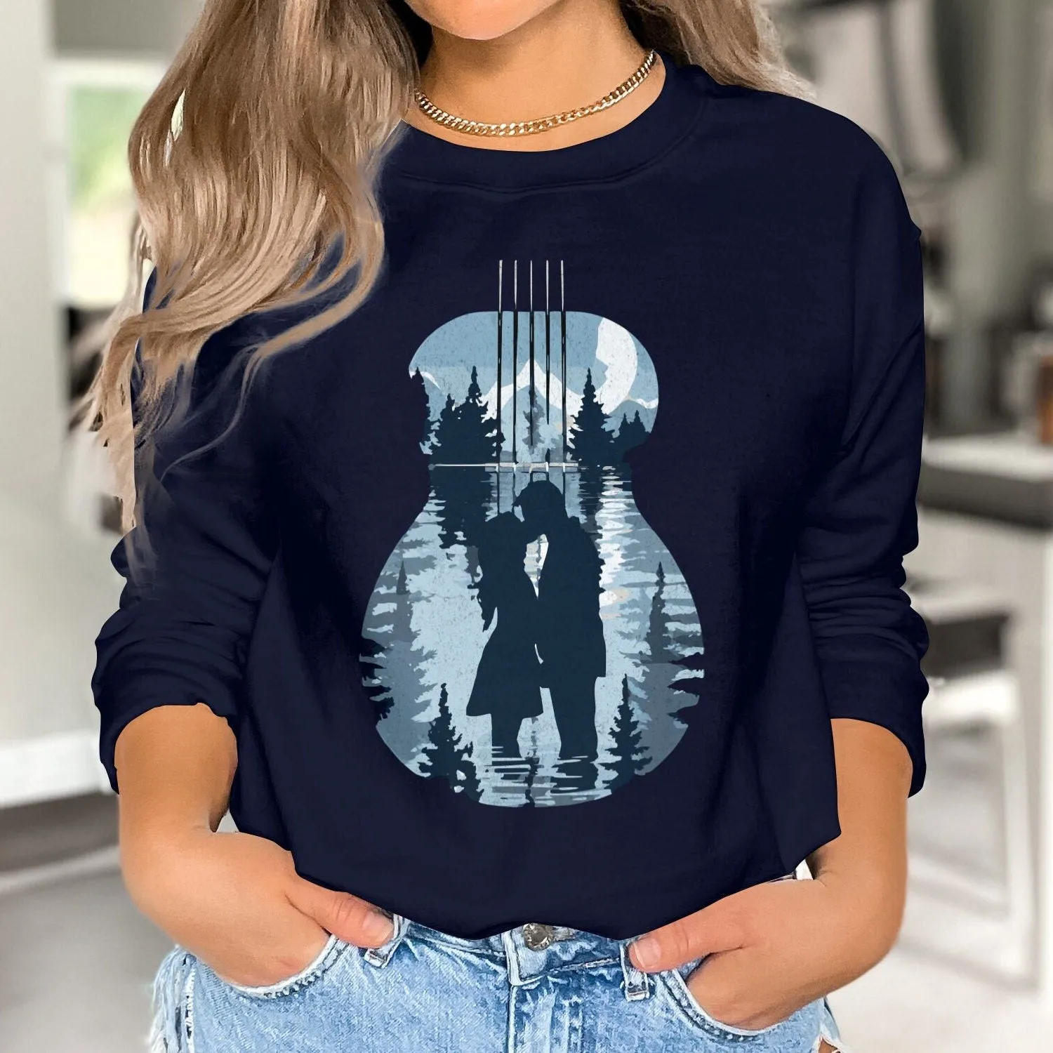 Romantic Guitar Forest Reflection Tee, Couples Music Nature Shirt, Outdoor Lovers Unisex T-Shirt, Artistic Apparel Gift Sweatshirt