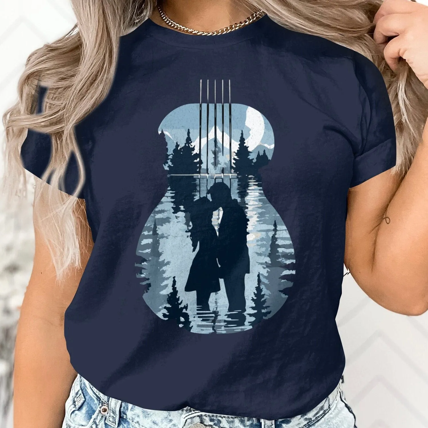 Romantic Guitar Forest Reflection Tee, Couples Music Nature Shirt, Outdoor Lovers Unisex T-Shirt, Artistic Apparel Gift Sweatshirt