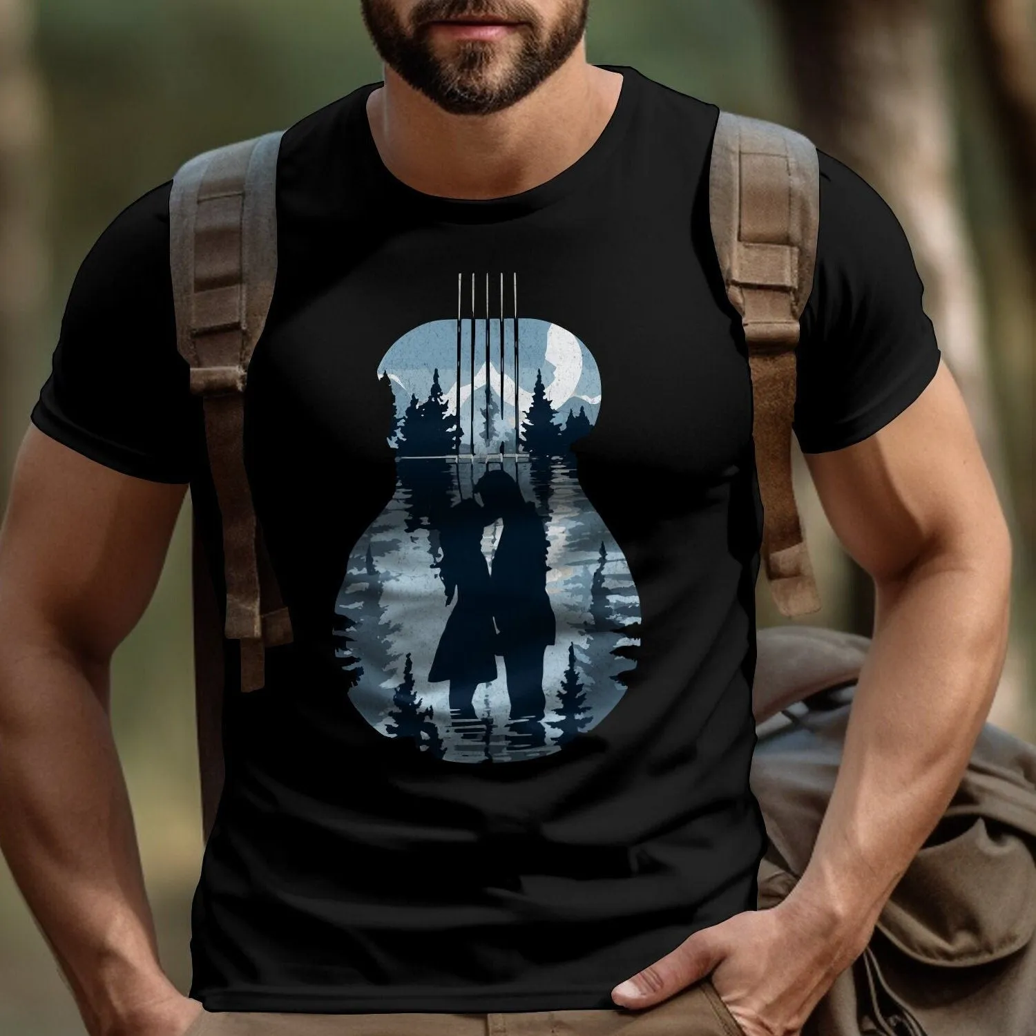 Romantic Guitar Forest Reflection Tee, Couples Music Nature Shirt, Outdoor Lovers Unisex T-Shirt, Artistic Apparel Gift Sweatshirt