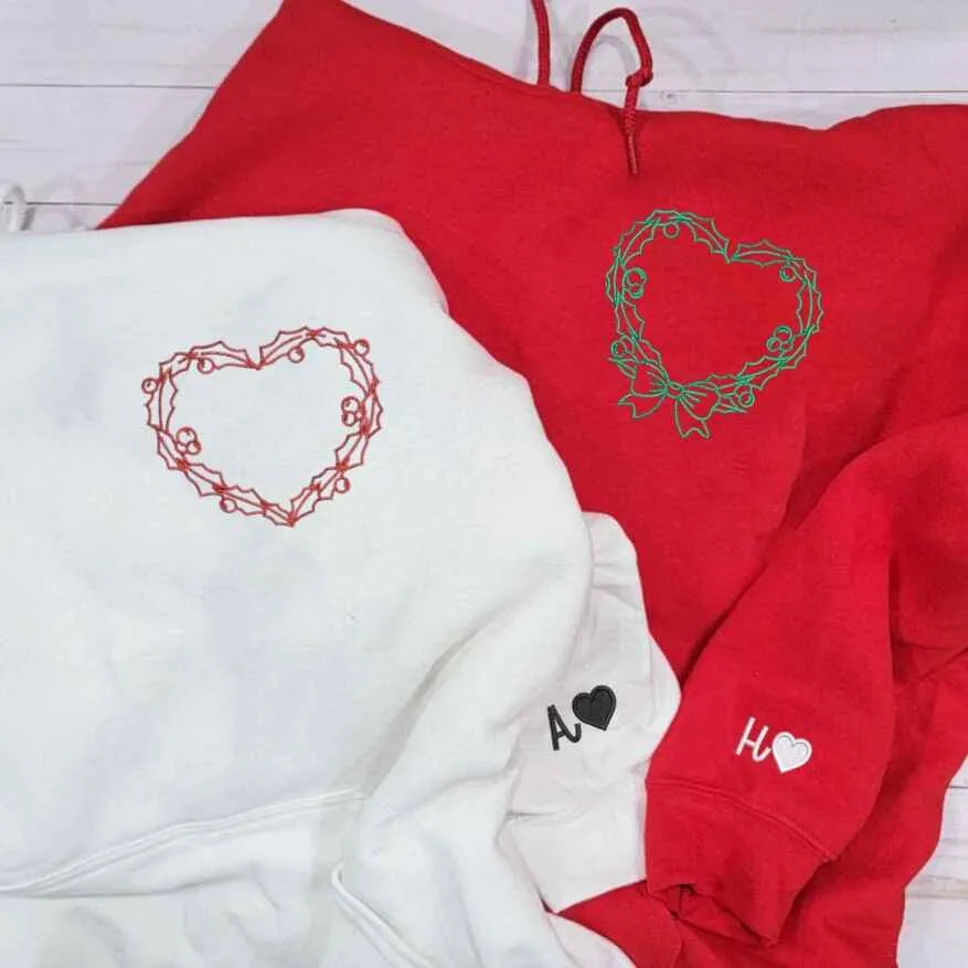 Romantic Heart Wreath Embroidered Couple Matching Hoodies - Custom Embroidered Sweatshirts For Couples