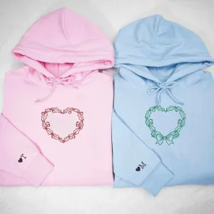 Romantic Heart Wreath Embroidered Couple Matching Hoodies - Custom Embroidered Sweatshirts For Couples