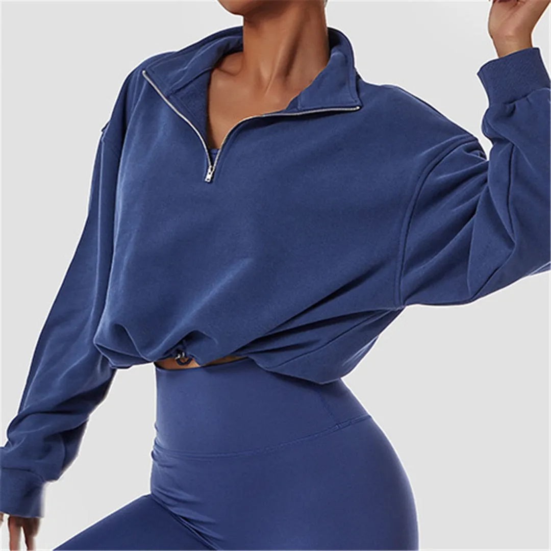 S - XL Women Front Half Zip Yoga Shirt Loose Casual Sweatshirt Long Sleeves Running Sports Top Female Drawstring Sportwear A075