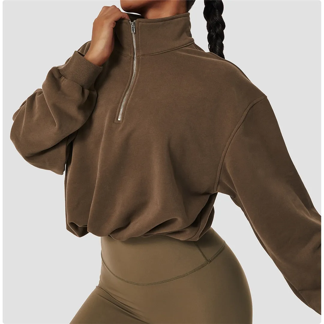 S - XL Women Front Half Zip Yoga Shirt Loose Casual Sweatshirt Long Sleeves Running Sports Top Female Drawstring Sportwear A075