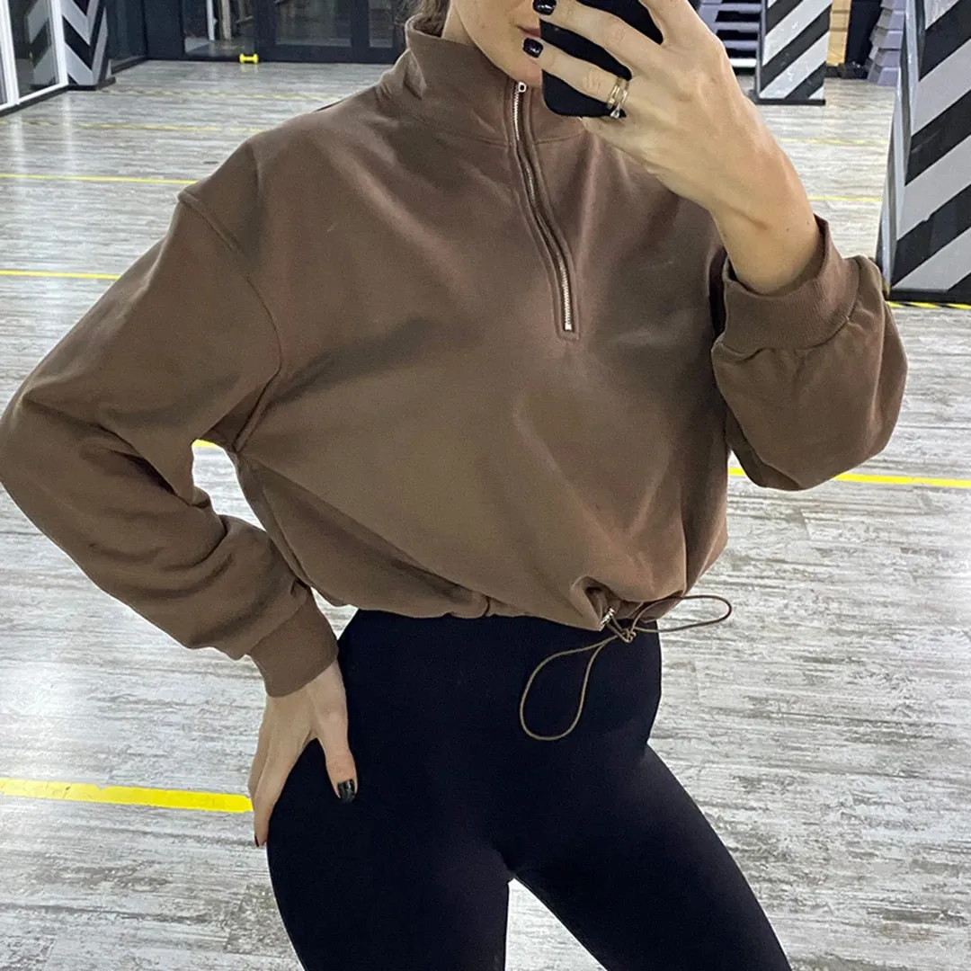 S - XL Women Front Half Zip Yoga Shirt Loose Casual Sweatshirt Long Sleeves Running Sports Top Female Drawstring Sportwear A075