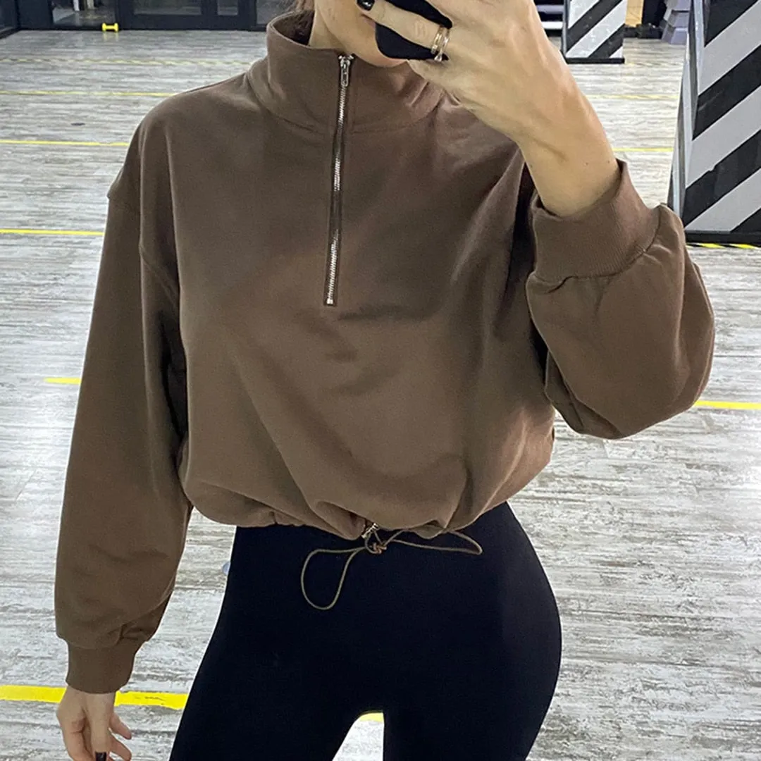 S - XL Women Front Half Zip Yoga Shirt Loose Casual Sweatshirt Long Sleeves Running Sports Top Female Drawstring Sportwear A075