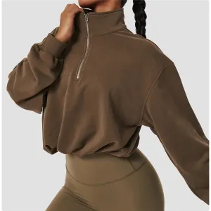 S - XL Women Front Half Zip Yoga Shirt Loose Casual Sweatshirt Long Sleeves Running Sports Top Female Drawstring Sportwear A075