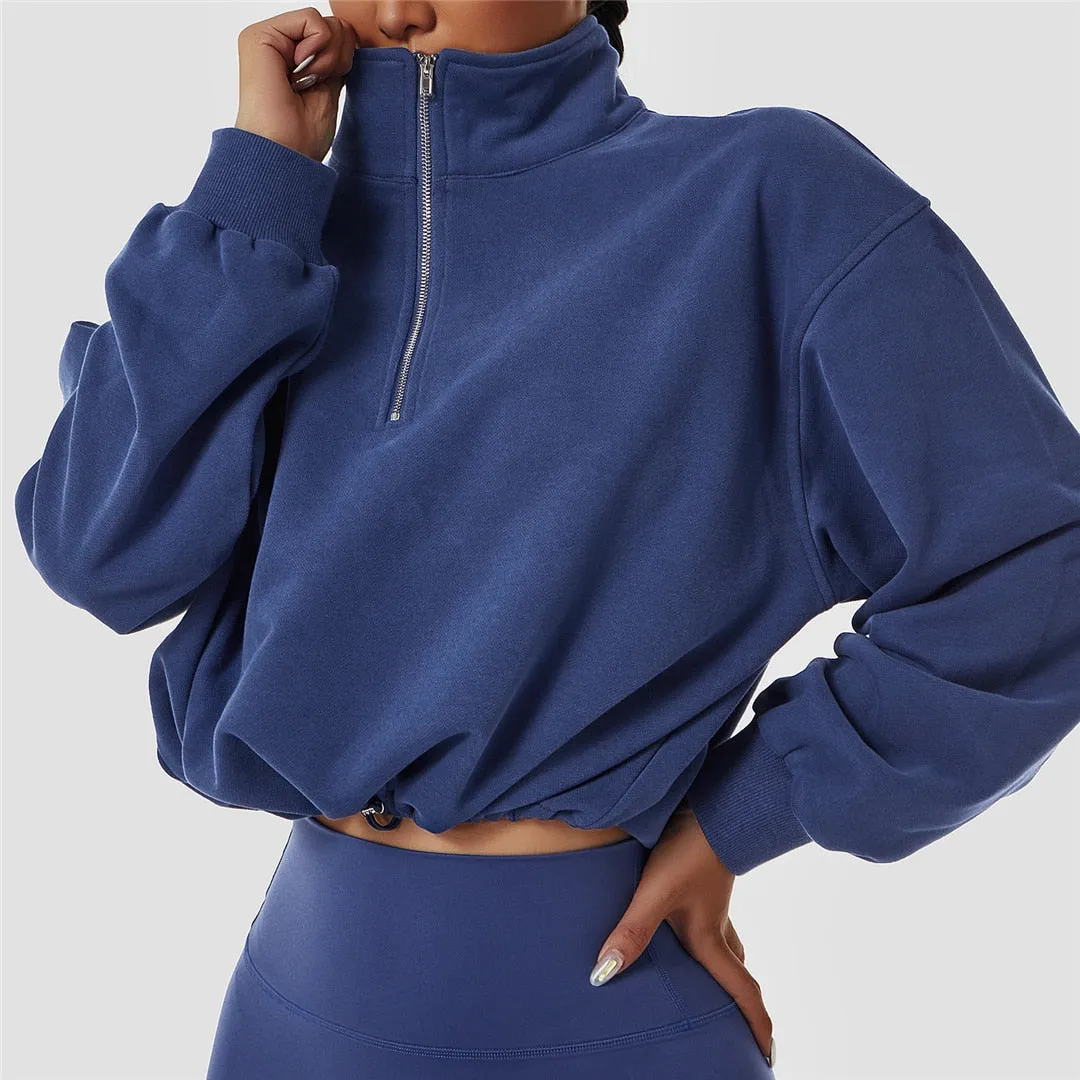 S - XL Women Front Half Zip Yoga Shirt Loose Casual Sweatshirt Long Sleeves Running Sports Top Female Drawstring Sportwear A075