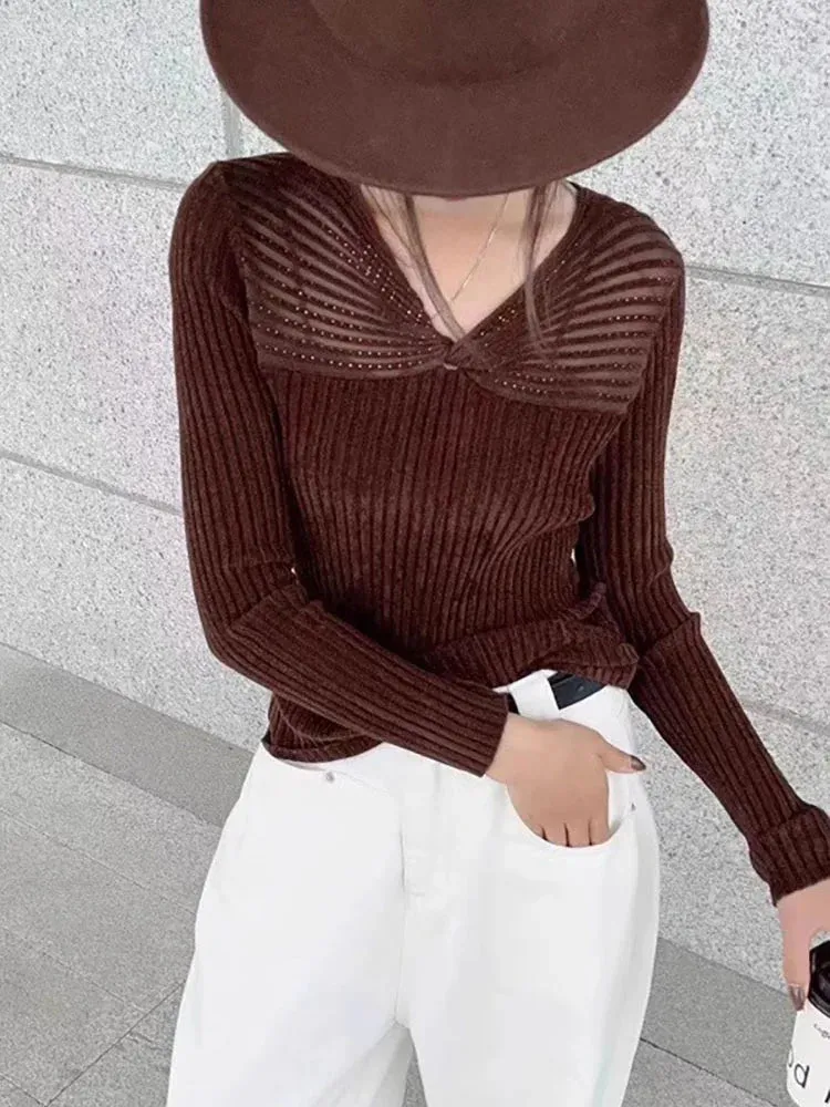 Sexy V Neck Solid Red Velvet Sweaters Korean Fashion Autumn Winter Slim Pull Femme Basics Pullovers  C-299