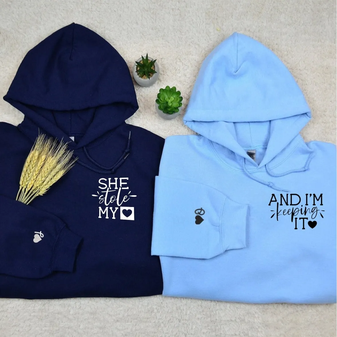 “She Stole My Heart And I'm Keeping It” Matching Couple Hoodies - Personalized Matching Sweatshirts For Couples