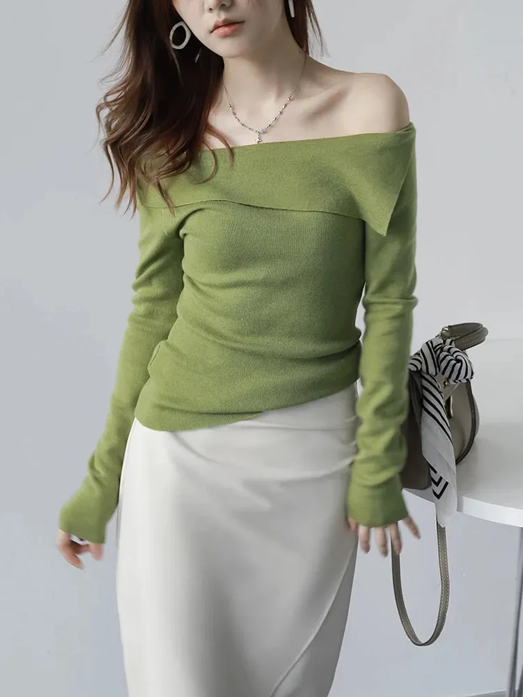 Slash Neck Solid Color Long Sleeve Pull Femme Knitted Pullover Jumpers Spring Autumn Ruffles Women Clothing Sweater Y2k  C-079