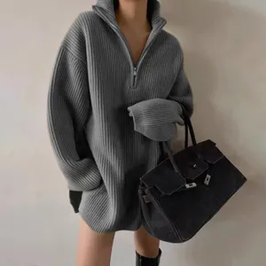 Solid Patchwork Zipper Knitting Sweaters For Women V Neck Long Sleeves Minimalist Temperament Sweater Female