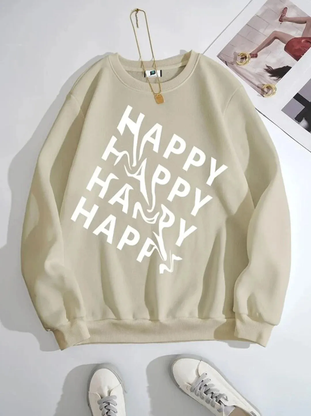 SXV  'Happy Happy Happy Happy’ Printed Cool Aesthetic Drop Shoulder Oversized Baggy Sweatshirt