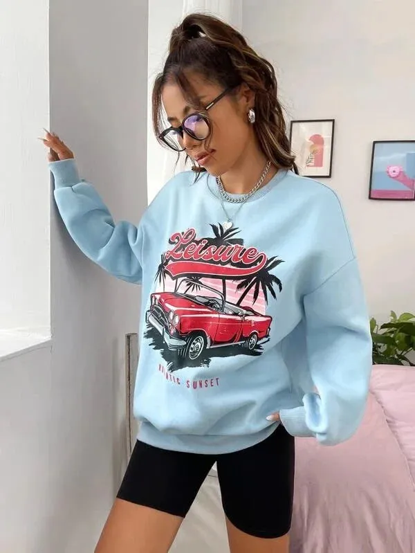 SXV  'Leisure Romantic Sunset’ Printed Cool Aesthetic Drop Shoulder Oversized Sweatshirt