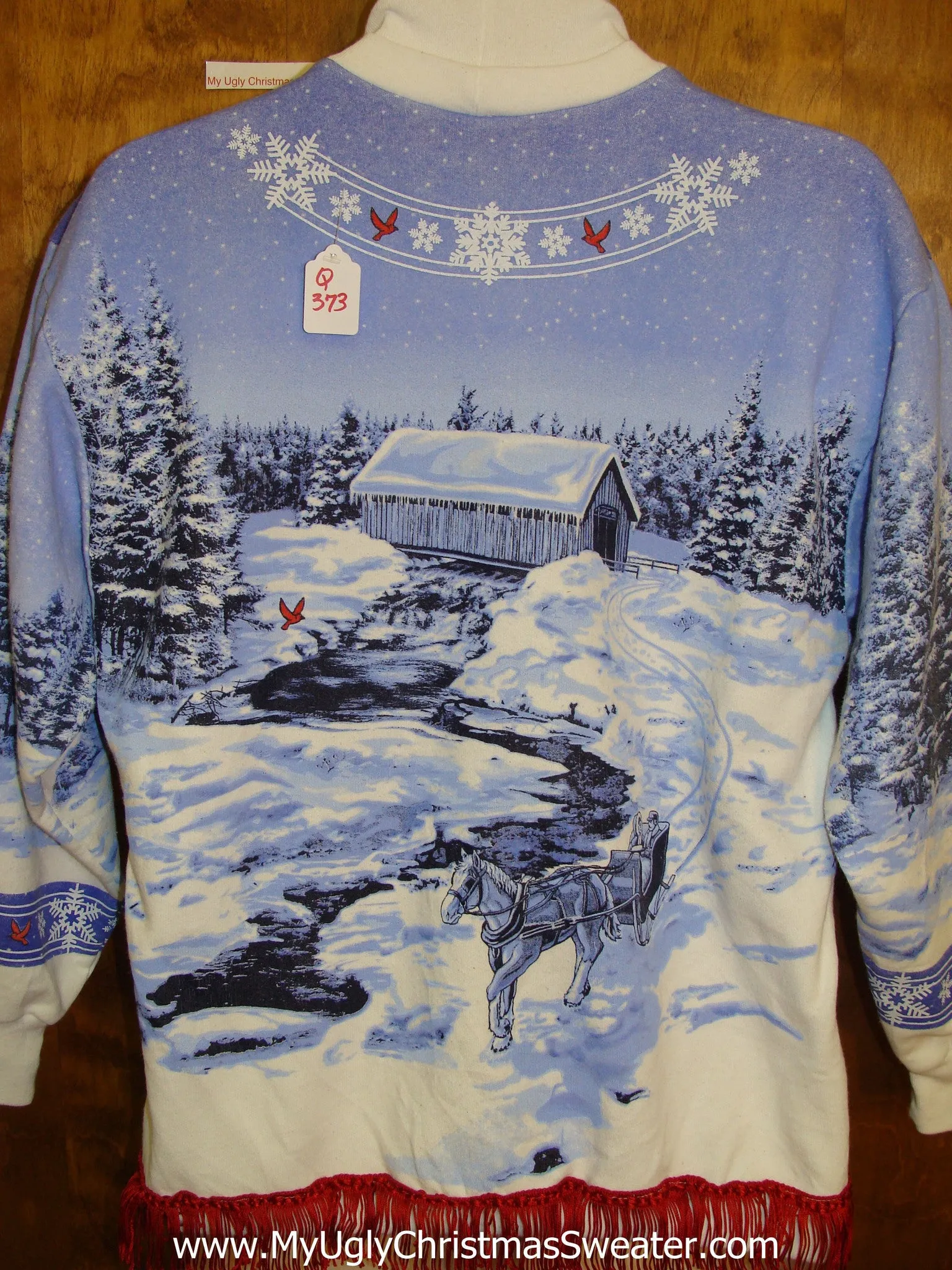 Tacky Christmas Sweatshirt 2sided 80s Winter Covered Bridge