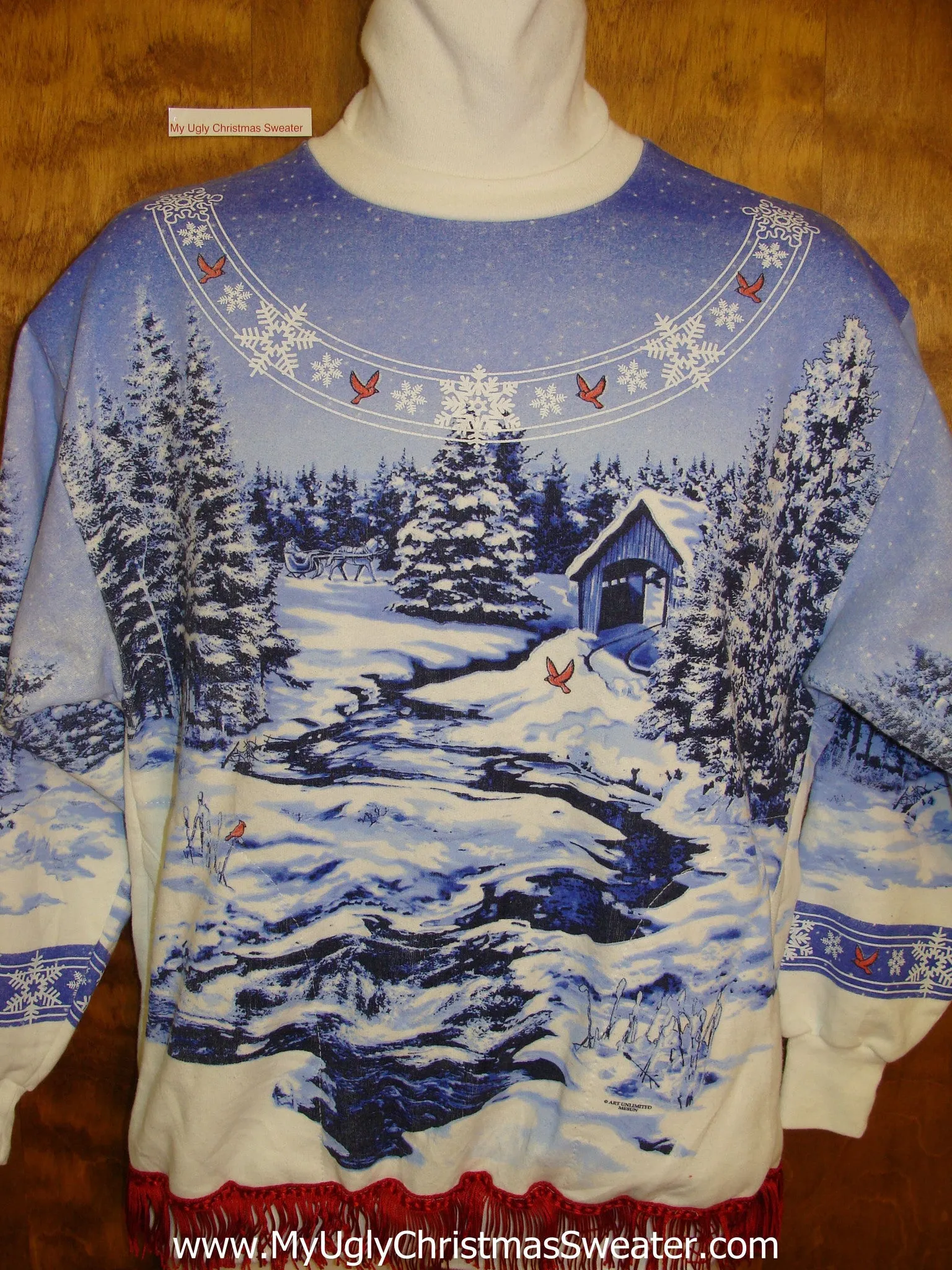 Tacky Christmas Sweatshirt 2sided 80s Winter Covered Bridge