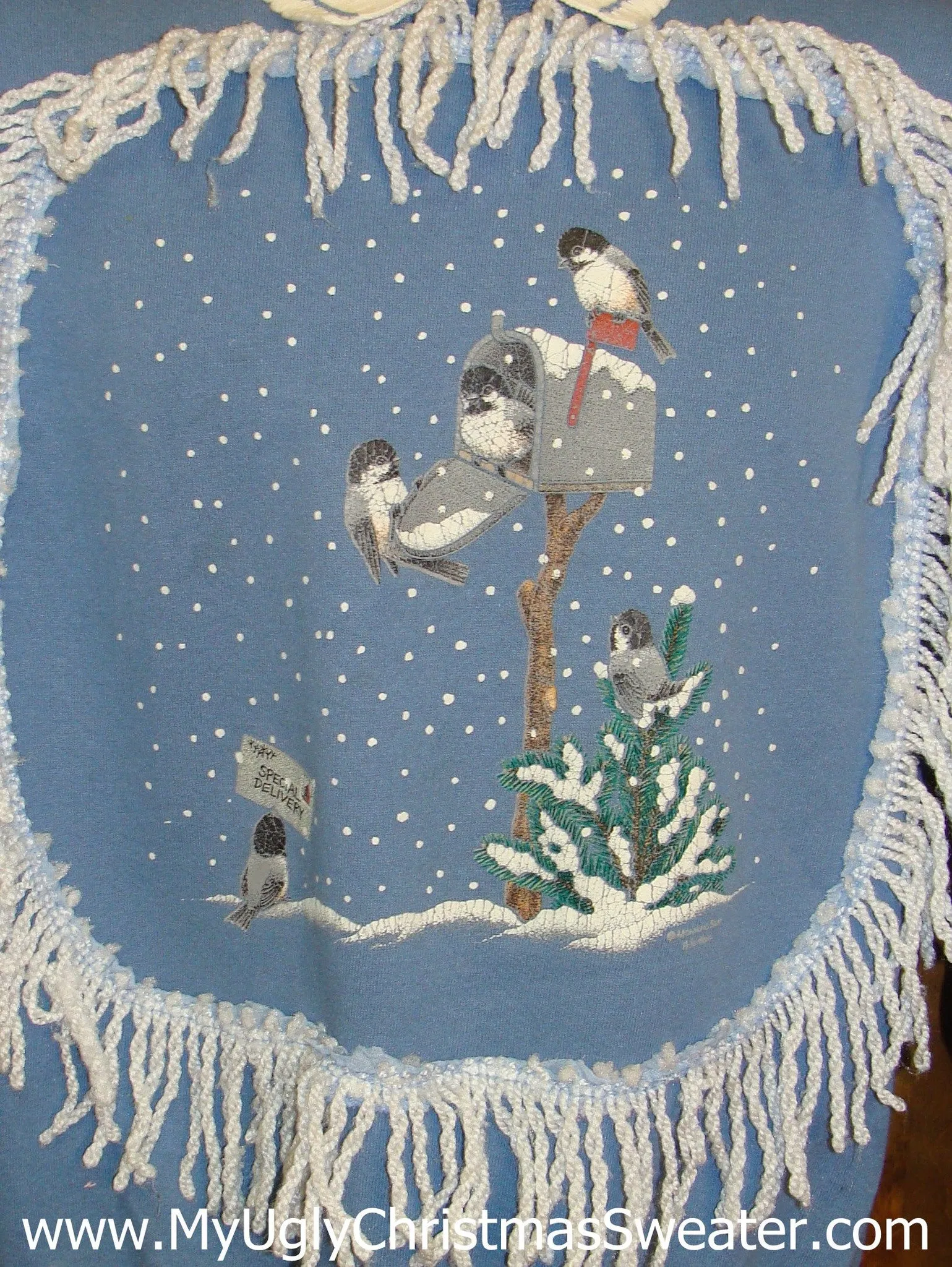 Tacky Christmas Sweatshirt Birds with the Mail in Winter