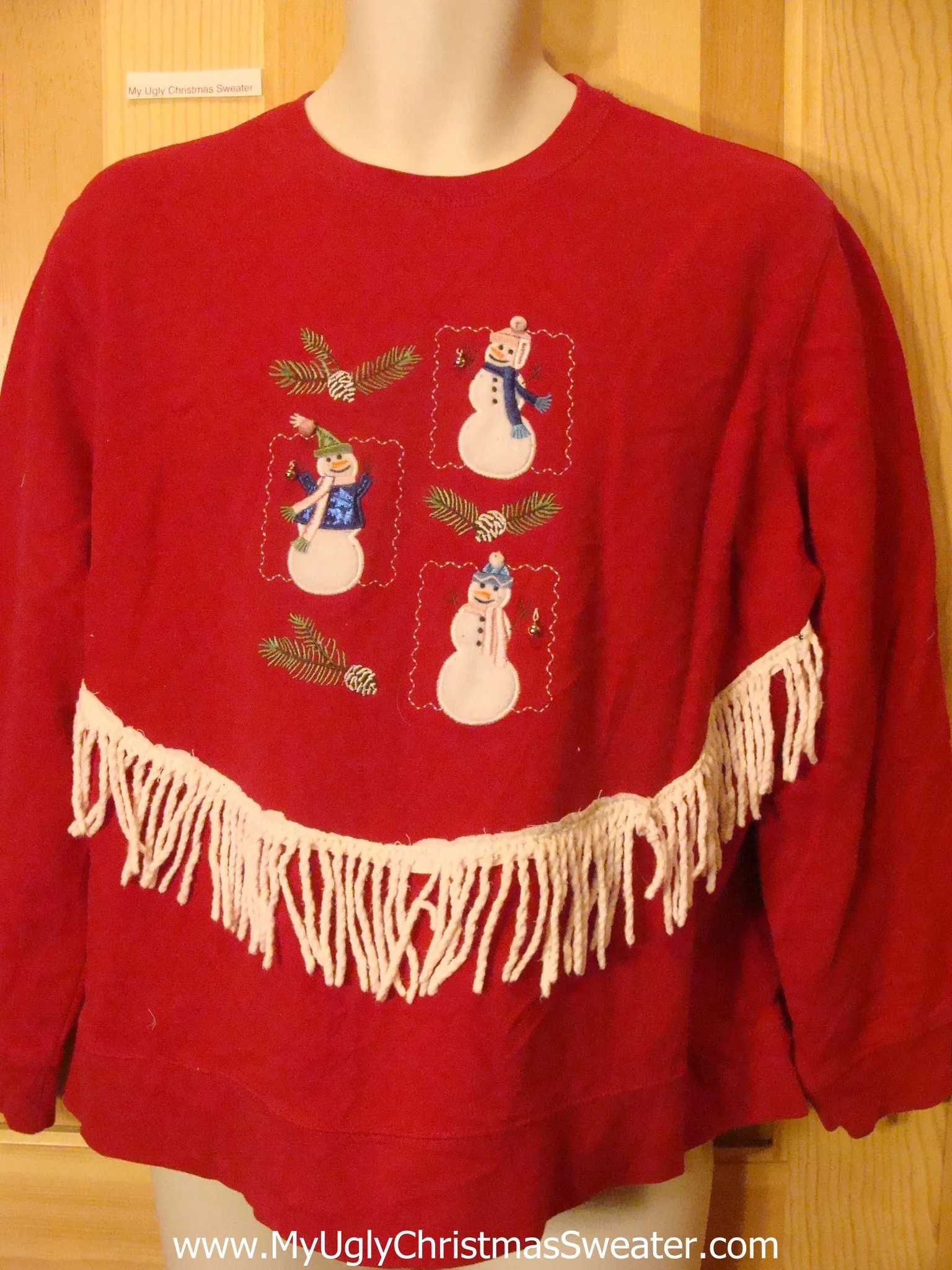 Tacky Christmas Sweatshirt with Snowmen and Fringe